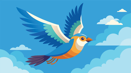 Naklejka premium Colorful bird soaring through a bright sky with fluffy clouds in a joyful vector illustration showcasing its vibrant feathers