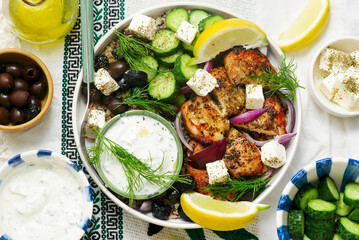 Greek Style Grilled Chicken and Quinoa Bowl with Yogurt Sauce