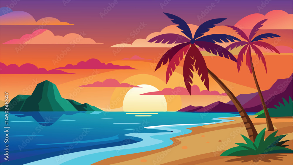 Poster colorful sunset over a tropical beach with palm trees and gentle waves lapping at the shore, creatin