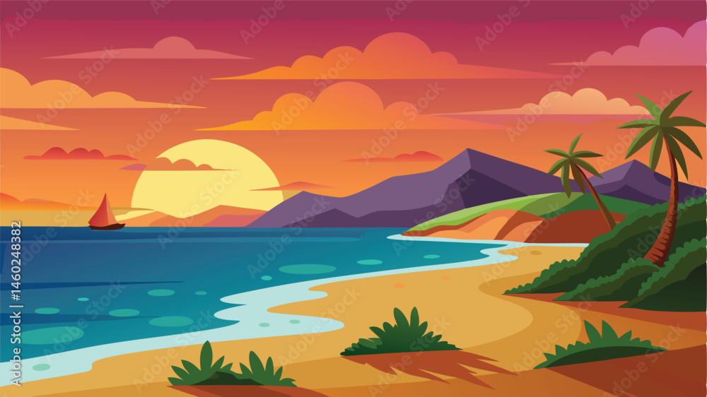 Poster colorful sunset over a tropical beach with palm trees and gentle waves lapping at the shore, creatin