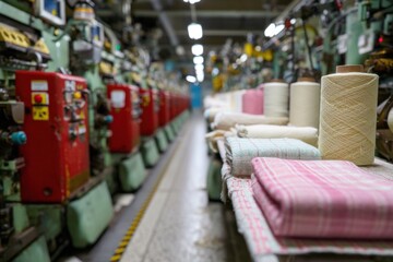 Textile Manufacturing: Loom Machinery, Yarn Spools, and Woven Cloth in a Fabric Production Factory