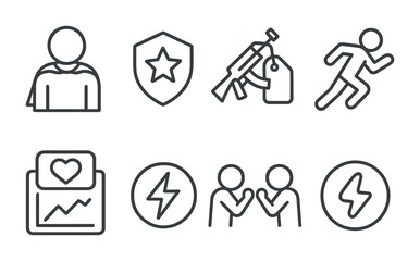 Line style icons of action game characters: hero icon, combat badge, weapon tag, agility file, health meter board, attack chart, power-up bubble, fighter symbol.