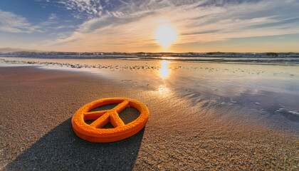an orange colored peace stone on beach in sunset light in spring season