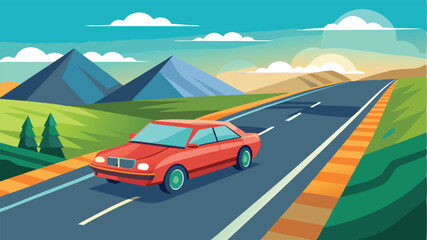 Journey through rolling hills with a bright orange car on a winding road under a vibrant sky at sunset