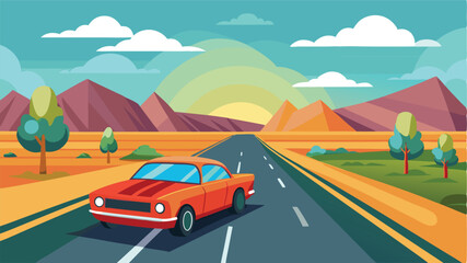 Journey through rolling hills with a bright orange car on a winding road under a vibrant sky at sunset