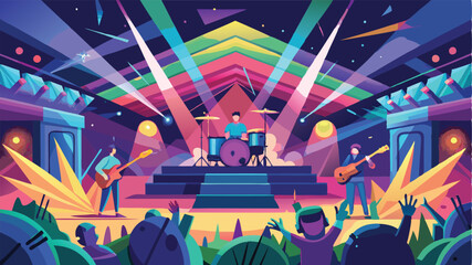 Energetic music performance at a vibrant concert venue with colorful lights and enthusiastic audience expressing excitement