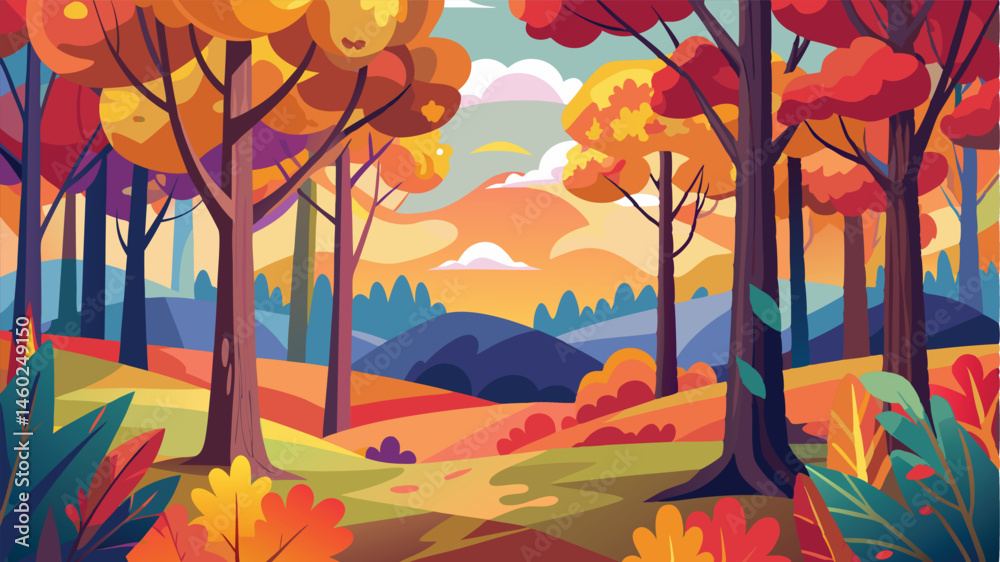 Aufkleber autumn landscape with vibrant trees and rolling hills in a serene setting surrounded by colorful lea