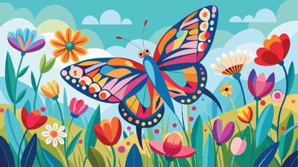 Colorful butterfly surrounded by vibrant flowers in a bright, cheerful landscape with a blue sky and whimsical clouds during the day