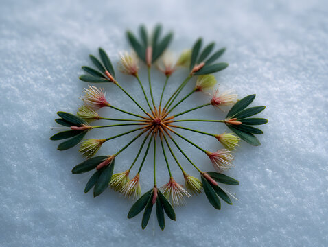 Pine needle cluster resting on snow natural manda