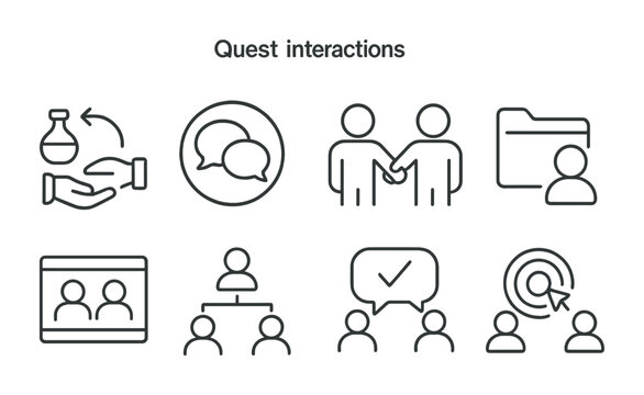 Line style icons of quest interactions: item exchange icon, dialogue interaction badge, character cooperation tag, task sharing file, multi-player interaction board, teamwork chart, cooperative task
