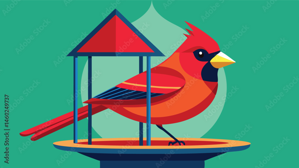 Poster colorful vector illustration of a cardinal at a decorative well in a serene outdoor setting surround