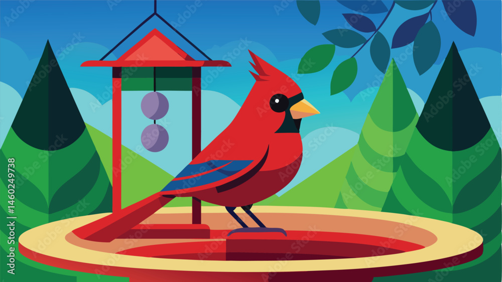 Aufkleber colorful vector illustration of a cardinal at a decorative well in a serene outdoor setting surround