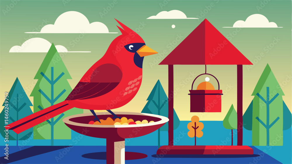 Poster colorful vector illustration of a cardinal at a decorative well in a serene outdoor setting surround