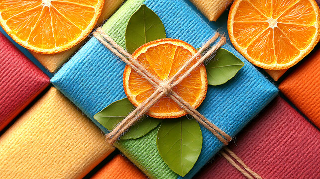 Dried Citrus Slices and Cinnamon on Gift Wrap