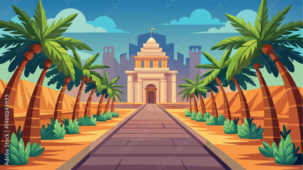Poster beautiful vector illustration of a palm tree lined pathway leading to a majestic building during sun