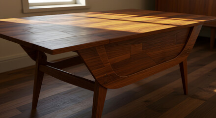Mid Century Modern Teak Table With Inlay and Sunlight Striking Through Window