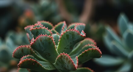 Close-up of a succulent plant with vibrant green leaves and red edges, showcasing its unique texture and details in a serene botanical setting.