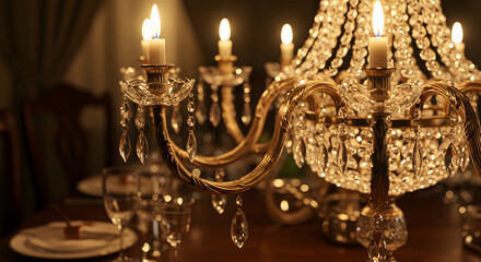Elegant Dinner Setting With Lit Candles And Crystal Chandelier