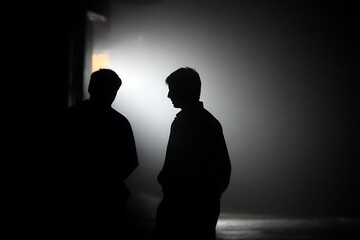 Two figures silhouettes men shaking hands  
