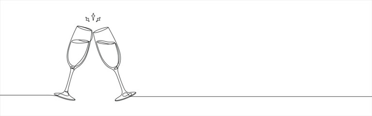 Two clinking champagne glasses continuous one line drawing. Design for party, anniversary celebration, new year festival.