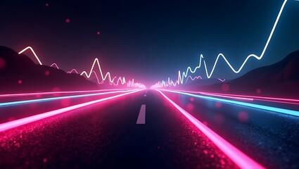 Neon Highway Perspective with Digital Mountain Range Visualization Overlay