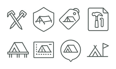 Line style icons of shelter building: tent stakes icon, tarp badge, shelter setup tag, tool kit file, survival hut board, shelter plan chart, emergency shelter bubble, camp setup symbol.