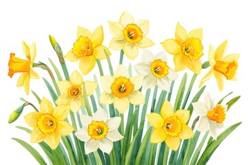 Vibrant blooming daffodils with yellow and white petals on a white background. Watercolour illustration