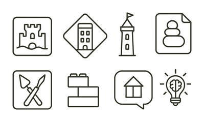 Line style icons of building in the sandbox: sandcastle icon, brick building badge, tower tag, stone pile file, sculpting tools board, building blocks chart, structure bubble, creativity symbol.