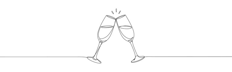 Two clinking champagne glasses continuous one line drawing. Design for party, anniversary celebration, new year festival. © drawing lines