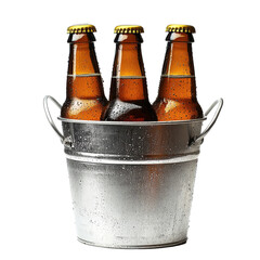 Refreshing beer bottles in a metal bucket against a clean white background, bucket beer bottles