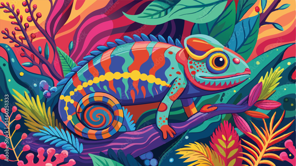 Poster colorful chameleon resting on a branch surrounded by vibrant tropical foliage in a whimsical vector 