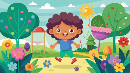 Naklejka premium Bright and cheerful vector illustration featuring a happy child playing in a colorful park filled with blooming flowers, trees, and playground equipment