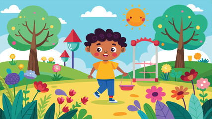 Bright and cheerful vector illustration featuring a happy child playing in a colorful park filled with blooming flowers, trees, and playground equipment
