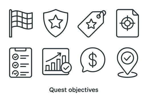 Line style icons of quest objectives: goal icon, achievement badge, mission tag, target file, task list board, completion chart, reward bubble, objective symbol.