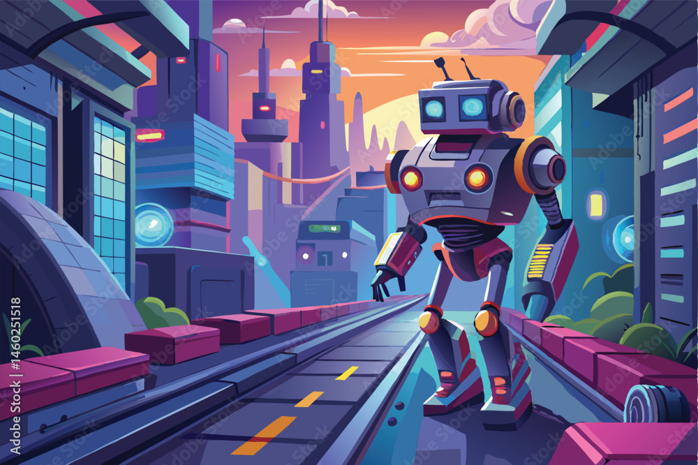 Aufkleber futuristic robot exploring a vibrant cityscape at dusk with towering skyscrapers and colorful archit