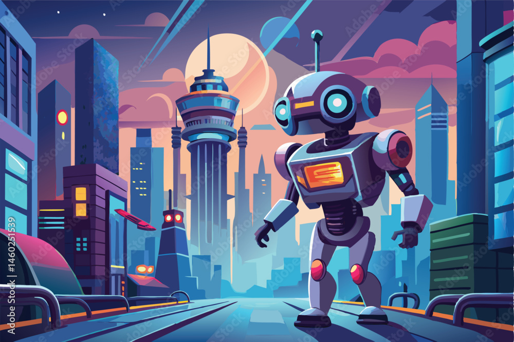 Poster Futuristic robot exploring a vibrant cityscape at dusk with towering skyscrapers and colorful architecture in a digital illustration style