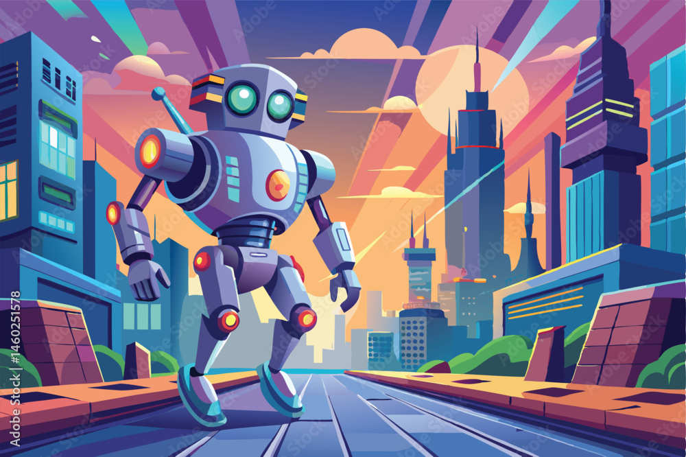 Poster Futuristic robot exploring a vibrant cityscape at dusk with towering skyscrapers and colorful architecture in a digital illustration style