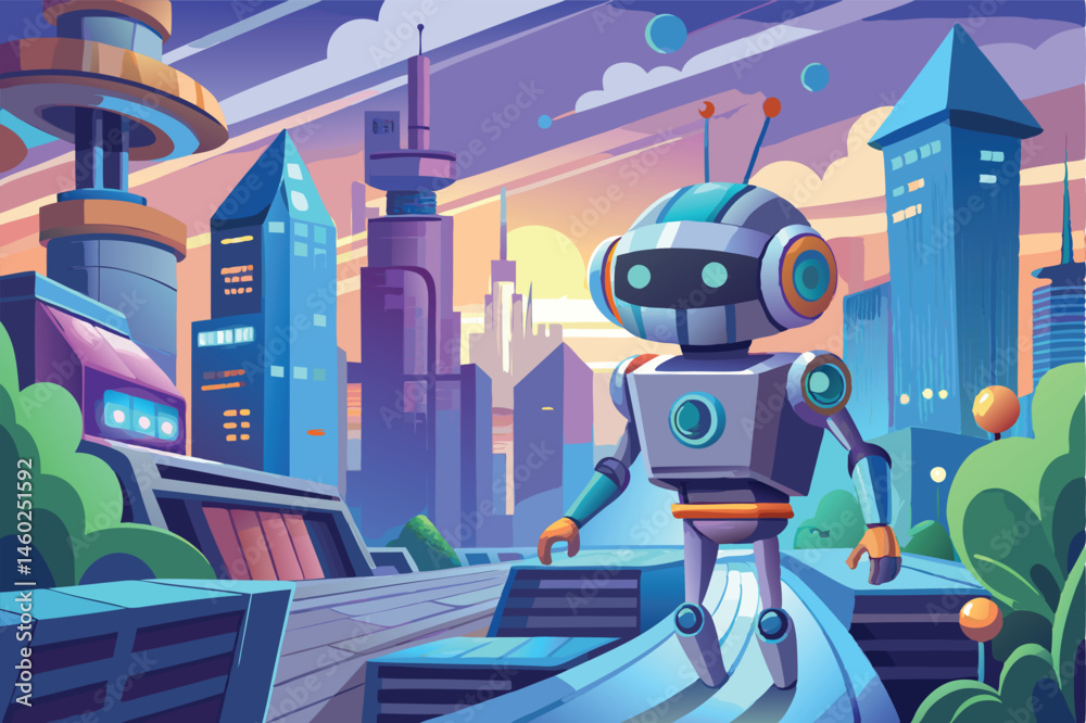 Poster Futuristic robot exploring a vibrant cityscape at dusk with towering skyscrapers and colorful architecture in a digital illustration style