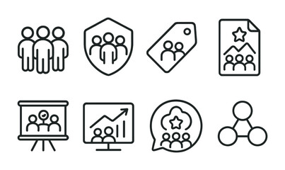Fototapeta premium Line style icons of multiplayer quests: team quest icon, group badge, collaborative task tag, shared mission file, cooperative board, team progress chart, group reward bubble, multiplayer symbol.