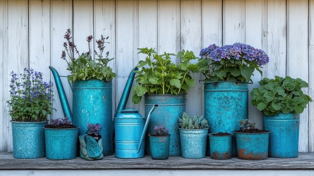 Rustic teal planters with flowers and herbs