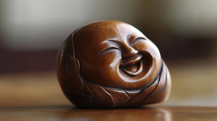 Macro shot of a wooden netsuke showing a laughing Buddha with polished smoothness.