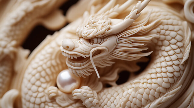 Close-up of an intricately carved ivory netsuke depicting a dragon coiled around a pearl.