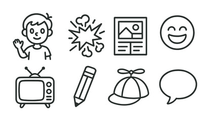 Line style icons of cartoons: animated character, comic explosion, storyboard panel, laughing emoji, cartoon TV, drawing pencil, colorful hat, comic bubble.