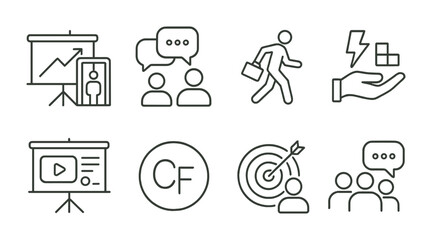 Line style icons of startups: elevator strategy map, pitch feedback icon, hustle mode icon, venture builder, product demo board, co-founder initials, startup focus icon, daily standup.