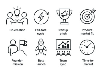 Line style icons of startups: co-creation icon, fail fast cycle, startup pitch trophy, product-market fit, founder mission icon, beta launch icon, team sync chart, time-to-market clock.