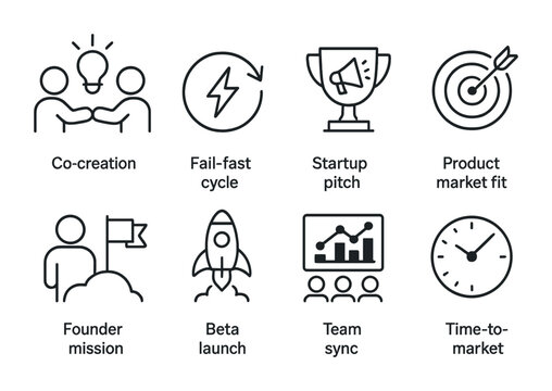 Line style icons of startups: co-creation icon, fail fast cycle, startup pitch trophy, product-market fit, founder mission icon, beta launch icon, team sync chart, time-to-market clock.