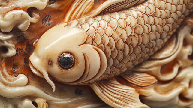 Close-up of a netsuke of a koi fish with detailed scales and water swirls.