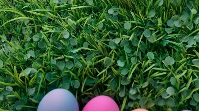 Pastel colored Easter eggs arranged on a vibrant green grass background, a spring holiday display with dyed eggs and festive decoration.