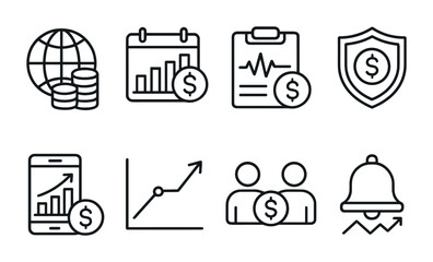 Line style icons of investments: global investment icon, capital budget planner, investor pulse report, asset security shield, fintech investment tools, expected returns line, peer investing icon,