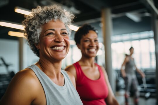 portrait of a 3 Active senior body positive diverse woman smiling in the gym together